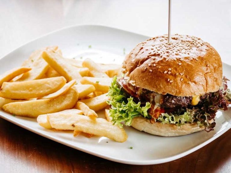 Ein saftiger Burger mit Salat, Käse und Pommes auf einem Teller.